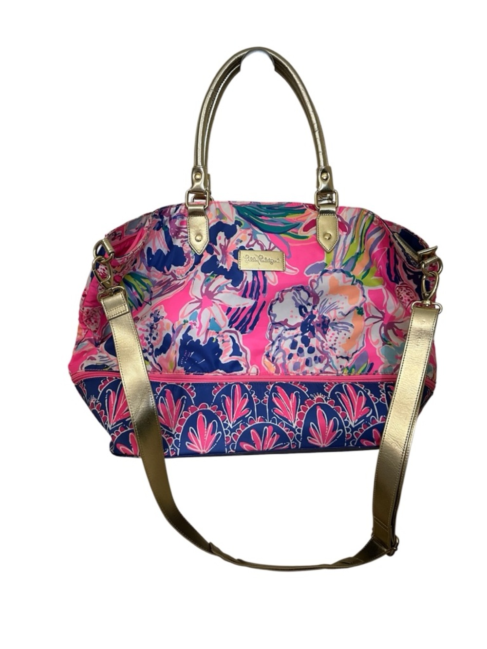 Lilly Pulitzer Pink Floral Expandable Tote with Gold Straps